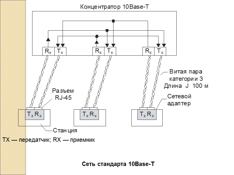 Сеть стандарта 10Base-T TX — передатчик; RX — приемник